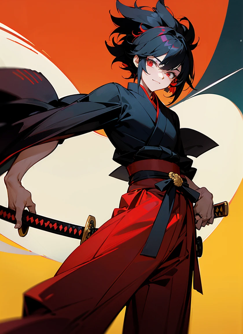 1male , pelo medio largo , pelo lanudo , pelo negro , crimson eyes , Yukata roja y blanca, samurai clothing , Katana on hip , Katana hilt on the hip , Caminando por un pueblo, happy expression, macho adulto , Sunny day background , fondo del pueblo, male