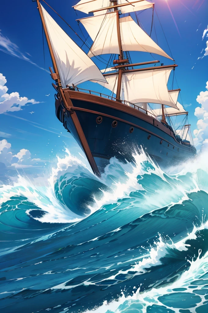 Long winds and breaking waves will sometimes，Need a boat，Ship theme，The waves are blue，Anime style