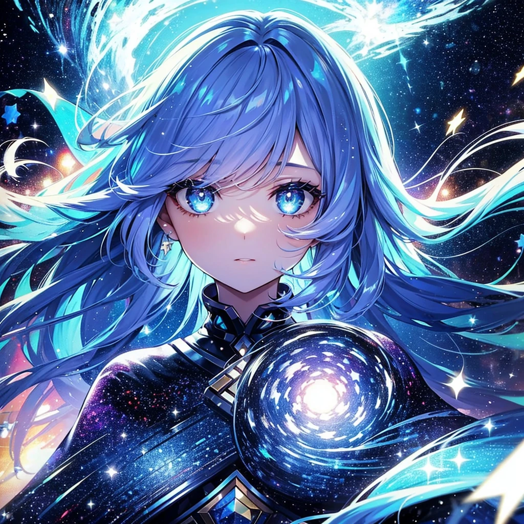 1 woman made of galaxies and stars. Her hair is made of galaxies and stars. She is made of galaxies and stars. Her eyes are made of galaxies and stars. Comic