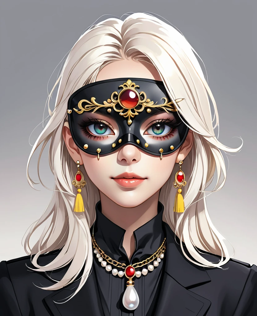(Digital Illustration,Detailed anime style,Pearl tassel eye mask,Portrait of girl wearing mask eye patch,Solitary,symmetry),(Big colorful eyes,Fashionable and exquisite facial features,Exquisite makeup,Sweet smile,Soulful gaze,),(Straight Hair,Hairpin),(Black suit,Epaulettes-Chain,cool,),Clean and simple white background,(((Correct human anatomy)))