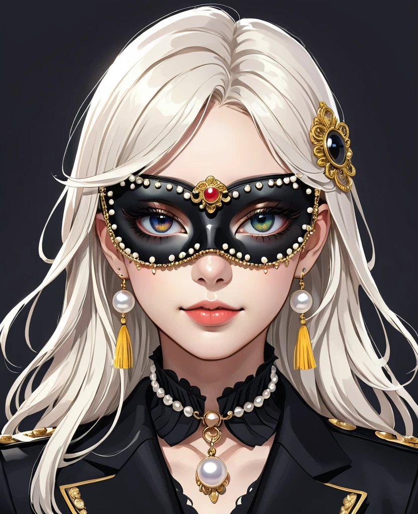 (Digital Illustration，Detailed anime style，Pearl tassel eye mask，Portrait of girl wearing mask eye patch，Solitary，symmetry)，(Big colorful eyes，Fashionable and exquisite facial features，Exquisite makeup，Sweet smile，Soulful gaze，)，(Straight Hair，Hairpin)，(Black suit，Epaulettes-Chain，cool，)，Clean and simple white background，(((Correct human anatomy)))