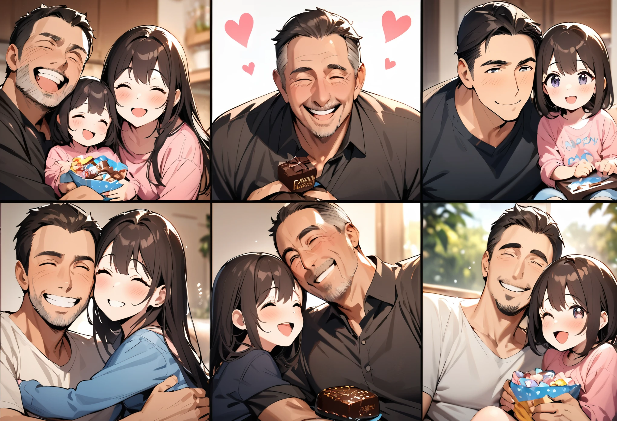 Father's Day, masterpiece, family collage, (1 father, 2 daughters), father's Day, happy, Smile, chocolate, candy, Heart