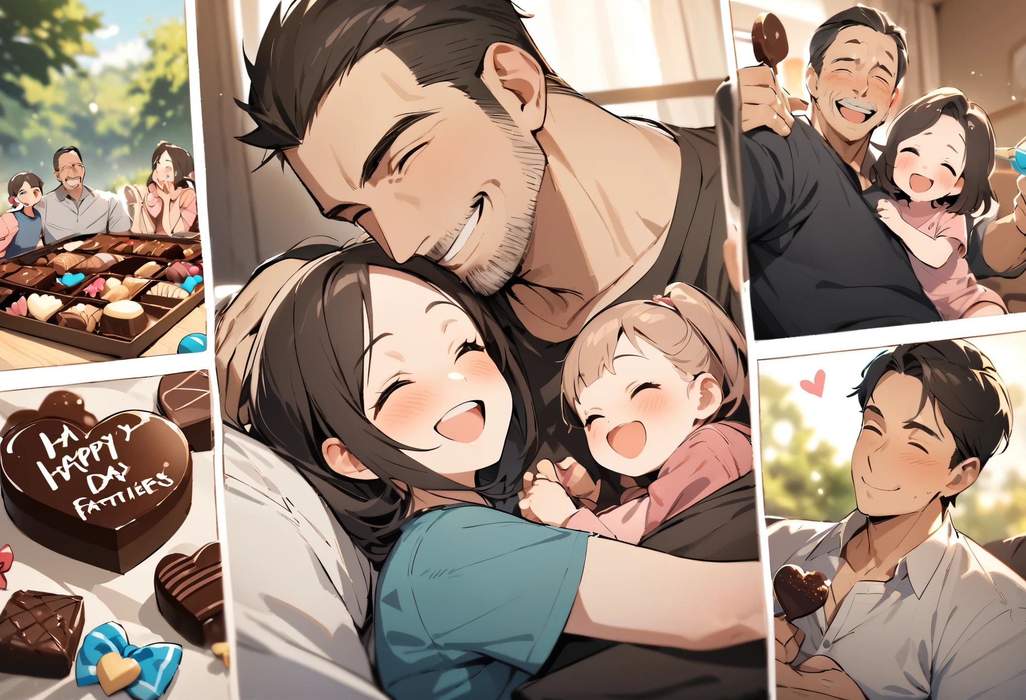 Father's Day, masterpiece, family collage, (1 father, 2 daughters), father's Day, happy, Smile, chocolate, candy, Heart