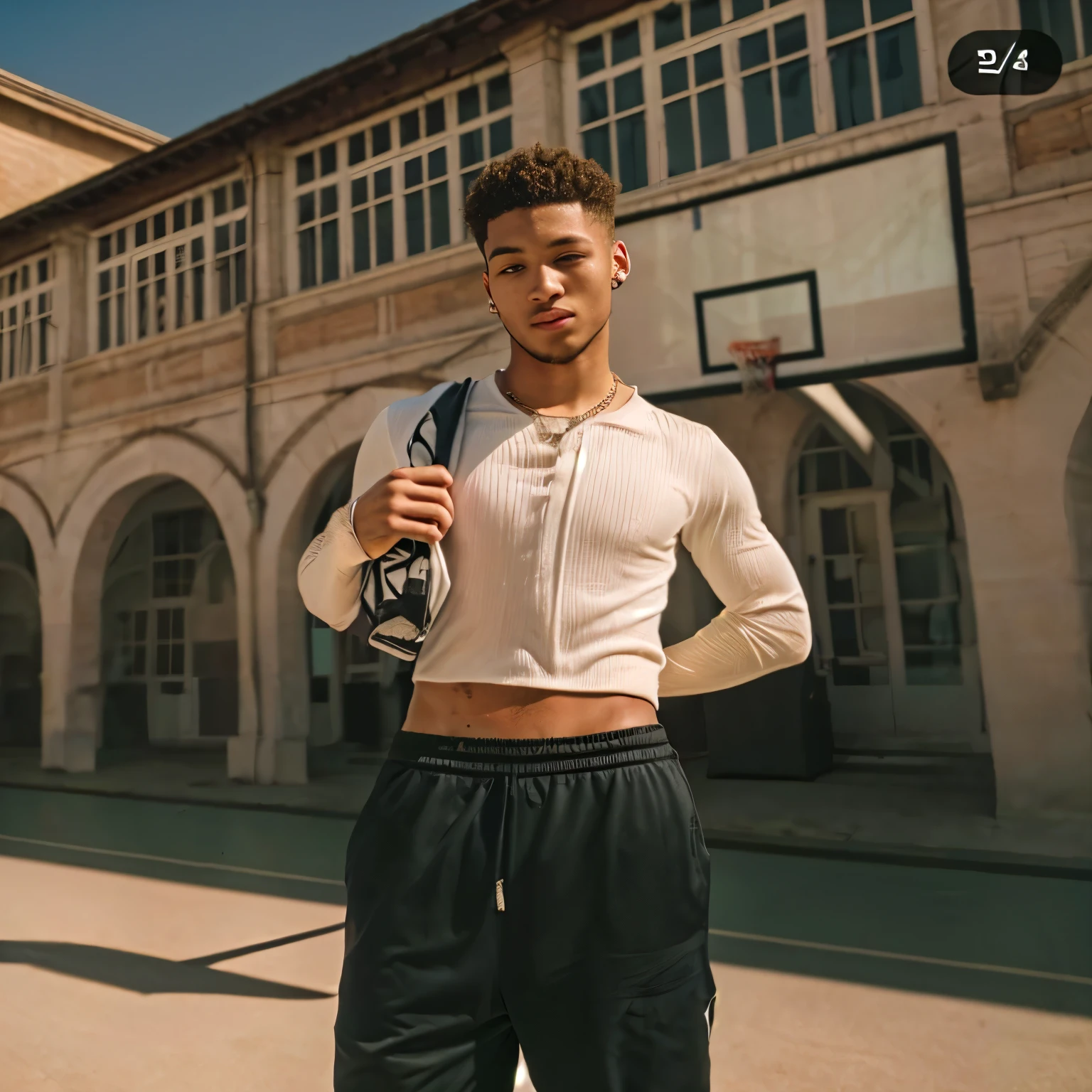 homem arafiado de camisa branca segurando um taco de basquete na frente de uma quadra de basquete, no estilo jordan grimmer, photo no estilo de Tyler Mitchell, no estilo de Tyler Mitchell, mid shot of a handsome guy, Adrian Girod, arte oficial, I agree with you, short shirt and strong abdomen, imagem de perfil, estilo de Jordan Grimmer