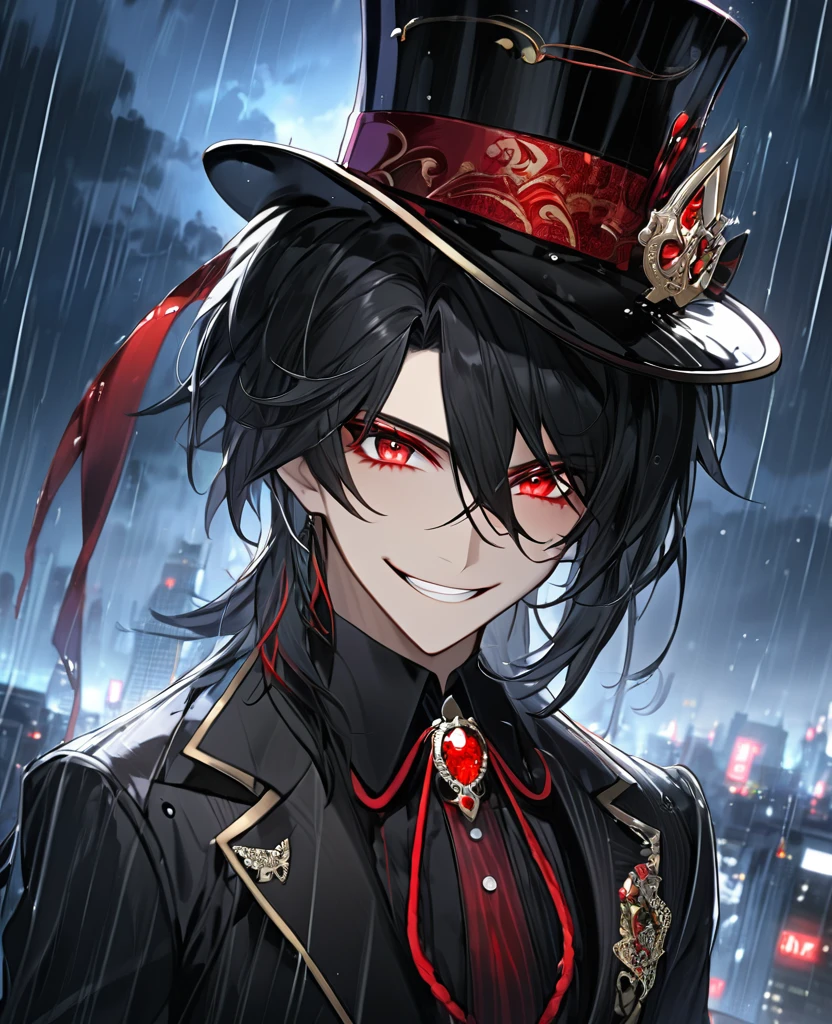  (black_hair), (red_Blood_eyes), (detailed_eyes), (crazy_smile), (attractive), (night_city_background), (raining), (glowing_eyes), (male), (wearing _a_black_suit), (long_male_hair), (detailed_Hair), (detailed), (detailed_mouth), wears a black top hat with a red ribbon edged trim