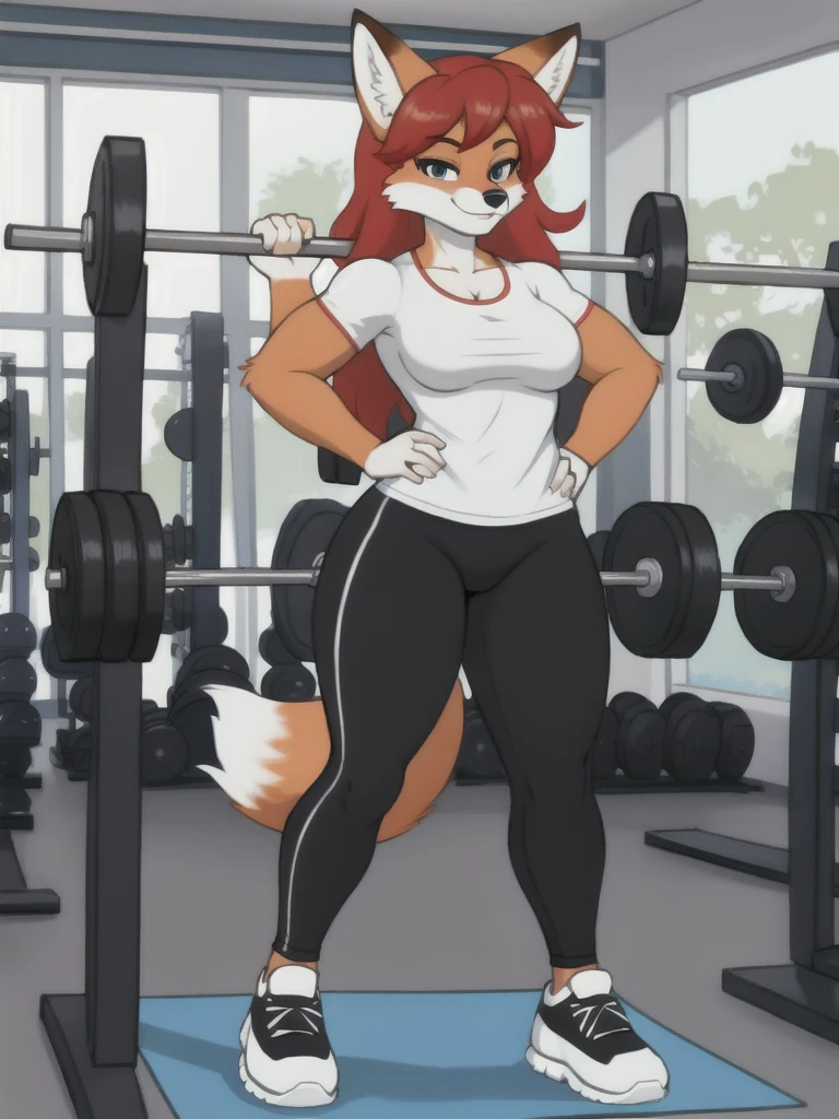 Furry, fox, female, white shirt, black leggings, shoes, gym, , full body