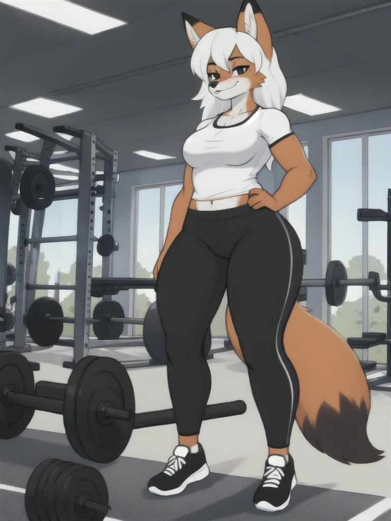 Furry, fox, female, white shirt, black leggings, shoes, gym, , full body