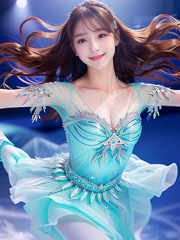 Photo-realistic quality、Japanese idol woman skating in a short white dress、 Ice Princess, Elegant girl, Beautiful costumes, Dancing gracefully on the ice, A sheer, ice-white dress、looking at the camera、Detailed and beautiful eyes、Cute smile、A soft and gentle look