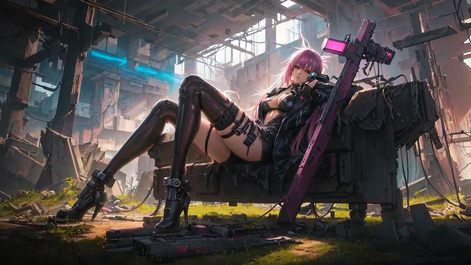 Anime girl sitting on a chair in a ruined building, Cyberpunk Femme Fatale, Cyberpunk Themed Art, Cyberpunk Anime Art, Cyberpunk anime girl, anime Cyberpunk Art, Cyberpunk dark fantasy art, female Cyberpunk anime girl, Cyberpunk Art style, Cyberpunk Girl, Seductive cyberpunk dark fantasy, Cyberpunk Girl, Cyberpunk Art, Cyberpunk 2000. Model Girl,Expression,Sexy thighs