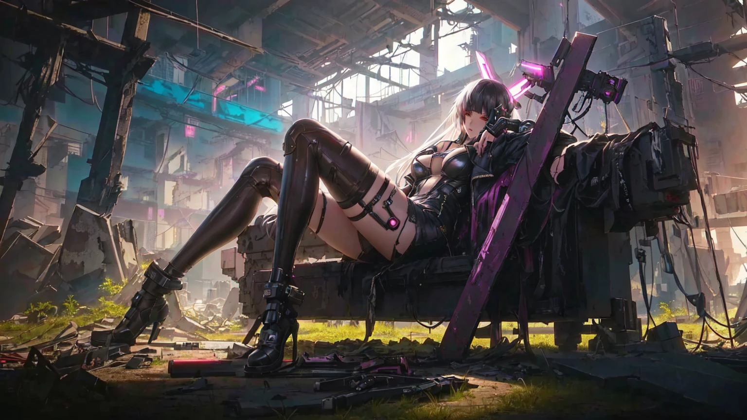 Anime girl sitting on a chair in a ruined building, Cyberpunk Femme Fatale, Cyberpunk Themed Art, Cyberpunk Anime Art, Cyberpunk anime girl, anime Cyberpunk Art, Cyberpunk dark fantasy art, female Cyberpunk anime girl, Cyberpunk Art style, Cyberpunk Girl, Seductive cyberpunk dark fantasy, Cyberpunk Girl, Cyberpunk Art, Cyberpunk 2000. Model Girl,Expression,Sexy thighs