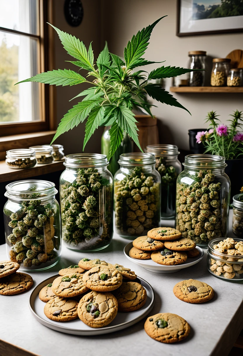 Now I would like the following scene; a table, on top of that table there are two large glass jars, they are full of cannabis buds (flowers) of several different species. and also some cookies.