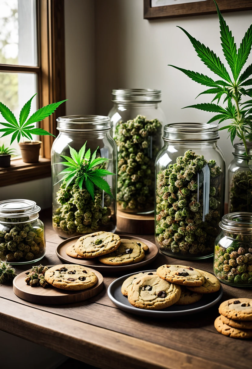 Now I would like the following scene; a table, on top of that table there are two large glass jars, they are full of cannabis buds (flowers) of several different species. and also some cookies.