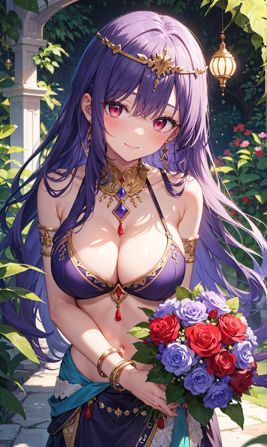 high quality, ultra detailed, best quality, insanely detailed, beautiful, masterpiece, 1girl, garden, cowboy shot, red eyes, long hair, purple hair, belly dancer, circlet, earrings, armlets, bracelets, holding bouquet, bashful smile, large breasts, cleavage, soft stomach