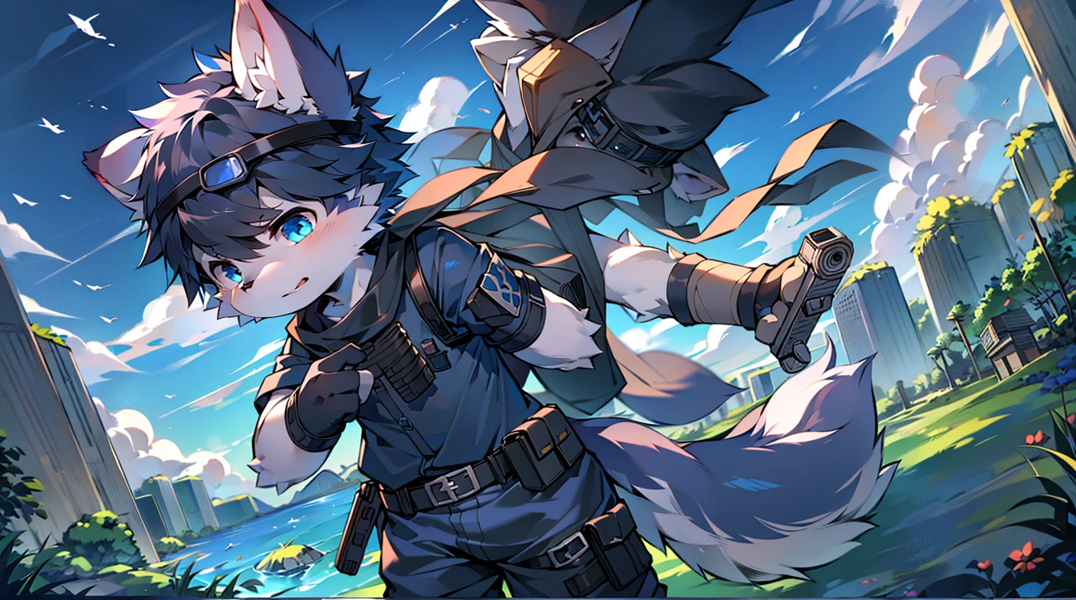 White wolf, male, young, handsome, anime male protagonist, black hair, black ears, furry, sky blue eyes, blue-black military uniform, armband, scarf, wind, black gloves, white furry arms, carrying a gun on his back with the butt exposed, the gun belt pressed on his clothes, wearing tactical goggles, wolf tail, wolf ears, special forces, commando, confident,permanent,The only one,dawn,illumination,Break