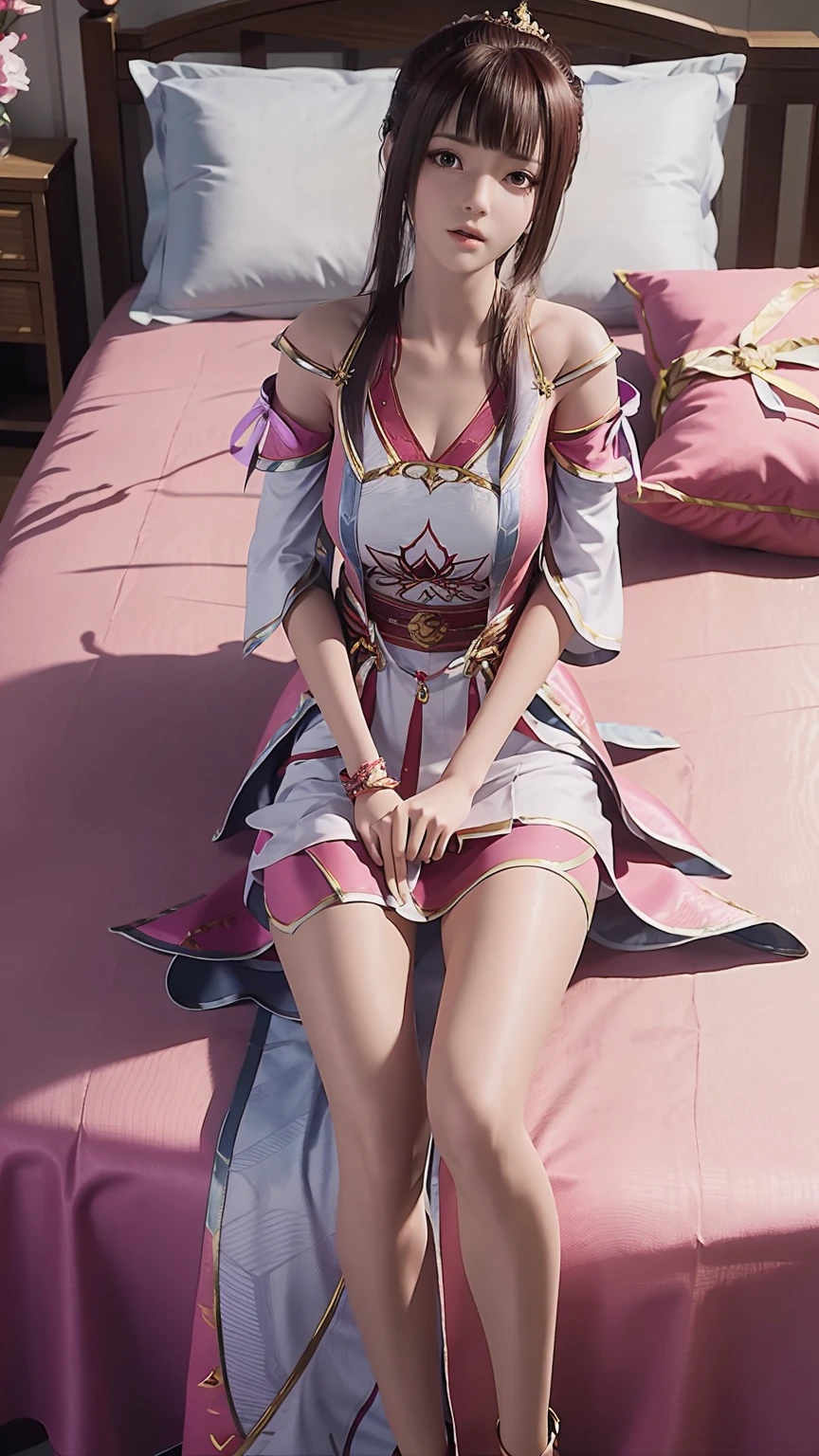 一个女孩Lying in bed，Face up，Raise your legs slightly，Front view super detailed beautiful big breasted girl 16 years old. Ultra HD, 4k, 8K, Movie，whole body，Lying down，Long legs，Very big breasts，whole body捕捉，（（（Lying in bed））），whole bodyLying in bed，Pink bed，Off-shoulder，Shoulder-length skirt，Lying in bed