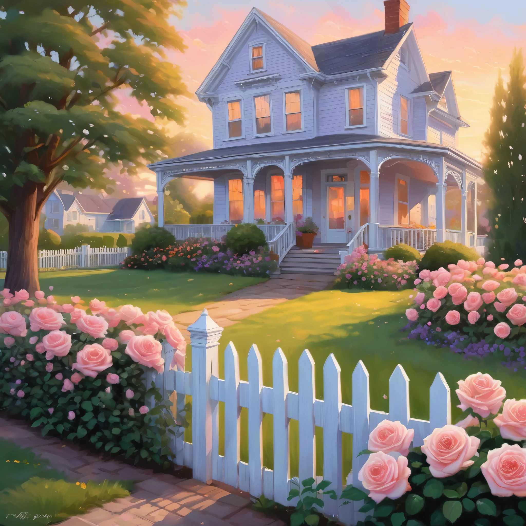 Create an incredibly stunning and unique image titled "American Beauty." Picture a serene, picturesque American landscape during the golden hour, with a classic white picket fence bordering a vibrant, blooming garden. The garden is filled with a riot of colorful roses, their petals kissed by the soft, warm light of the setting sun.
In the foreground, a vintage bicycle with a wicker basket full of fresh flowers leans against the fence, adding a touch of nostalgia and charm. Nearby, a perfectly manicured lawn stretches towards a beautifully restored Victorian house, painted in soft pastels with intricate detailing and a welcoming front porch.
The sky is a breathtaking gradient of oranges, pinks, and purples as the sun sets, casting a magical glow over the entire scene. Birds are gently soaring in the sky, and fireflies start to appear, adding a touch of whimsy and enchantment.
The color palette should be rich and harmonious, with the vibrant colors of the flowers and the soft hues of the sunset blending seamlessly. Use detailed, expressive brushstrokes to capture the delicate beauty of the roses and the intricate architecture of the house.
The entire image should evoke a sense of peace, beauty, and nostalgia, capturing the timeless charm of an idealized American suburban scene in a truly captivating and artistic masterpiece.