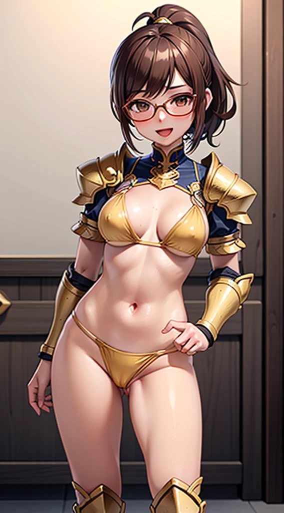 (1 Girl,Solo) ,Fantasy, High resolution, 19 Private, Creative, (Waist sheath:1.3), Open Mouth Smile, , Short Hair, Medium bust, Displaying the viewer, Bangs ,Hazel eye detail, , Hands on chest,(Brown hair,Short ponytail hair:1.5), ,Short Hair, Peeing while standing,Straight on, Couple,(Esbian all over:1.1), White thighs,(Couple:1.4),,Close-up portrait of a woman in gold armor, Girl in Armor, ビキニアーマーのfemale knight, Gold Bikini Armor,Gold Bikini Armor, Gorgeous Female Paladin, female knight, 美しいfemale knightの, Beautiful Armor, Slender、Gold Bikini Armor, Exposed abdomen, Glamorous Gold Bikini Armor, Stunning Armor, The beautiful knight smiled,Vertical belly button、Skin radiance、Rough-skinned Esbian,Futomo,Silver Armored Boots,Don,Glasses