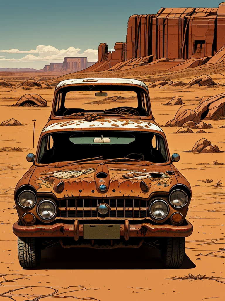 a rusted abandoned car in a dry desert, rocks, mesas, hot sun