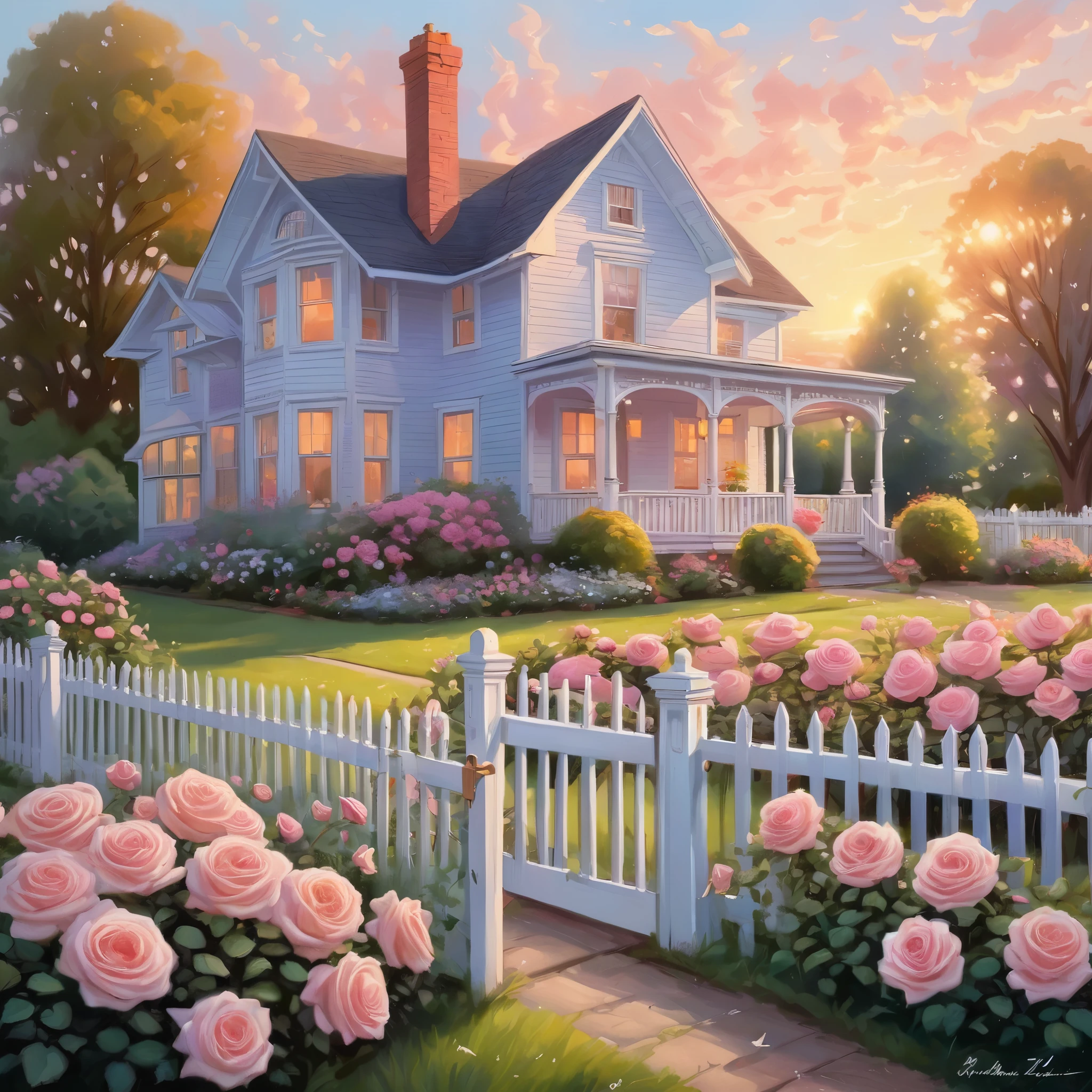 Create an incredibly stunning and unique image titled "American Beauty." Picture a serene, picturesque American landscape during the golden hour, with a classic white picket fence bordering a vibrant, blooming garden. The garden is filled with a riot of colorful roses, their petals kissed by the soft, warm light of the setting sun.

In the foreground, a vintage bicycle with a wicker basket full of fresh flowers leans against the fence, adding a touch of nostalgia and charm. Nearby, a perfectly manicured lawn stretches towards a beautifully restored Victorian house, painted in soft pastels with intricate detailing and a welcoming front porch.

The sky is a breathtaking gradient of oranges, pinks, and purples as the sun sets, casting a magical glow over the entire scene. Birds are gently soaring in the sky, and fireflies start to appear, adding a touch of whimsy and enchantment.

The color palette should be rich and harmonious, with the vibrant colors of the flowers and the soft hues of the sunset blending seamlessly. Use detailed, expressive brushstrokes to capture the delicate beauty of the roses and the intricate architecture of the house.

The entire image should evoke a sense of peace, beauty, and nostalgia, capturing the timeless charm of an idealized American suburban scene in a truly captivating and artistic masterpiece.