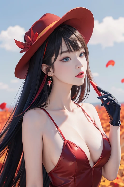 tsuruta ichiro, Narrow-eyed, 1girl in, Allback、Solo, Cowgirl, hat, red headwear、Red dress, ((mideum breasts)), (Super long hair:1.2), Thin slit eyes、blue grey eyes, Random colored hair, gloves, Dress, Jewelry, Upper body, earrings, sharp eye、Red Glove, elbow groves, Hand up, random color, random color dress, From Side, makeup, Slender eyes、lip stick, Complex petal pattern, Rim Light, Back Light, pastel color,