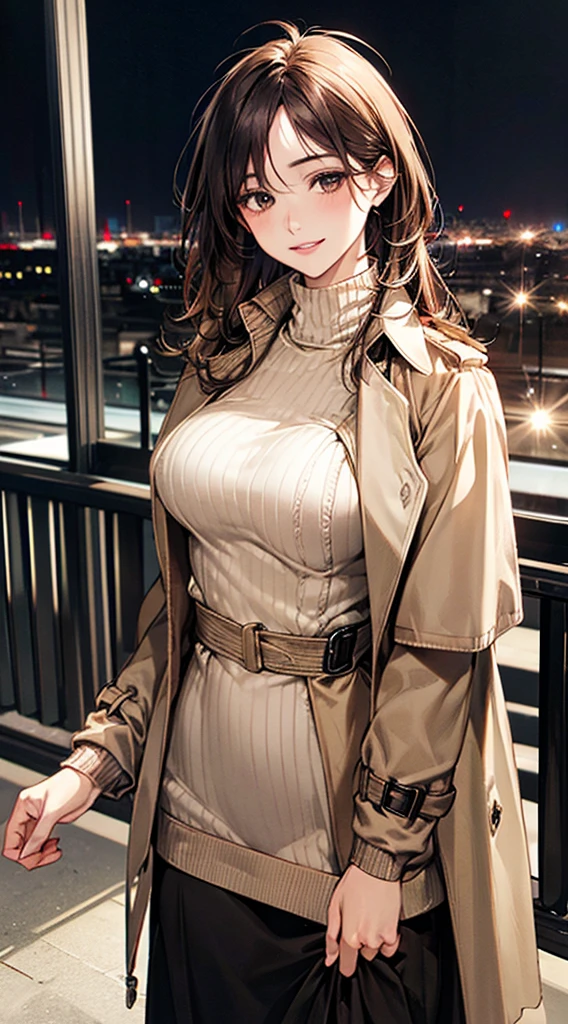 ((Perfect Anatomy, Anatomically correct, Very detailed肌)), 1 Beauty Witch, Japanese, 30 years old, (Ultra-oily, lustrous skin with attention to detail:1.1), Take in the view, A soft smile、(Smile, Lips parted),
Beautiful Hair, Beautiful Face, Beautiful attention to detail, (Mid-length hair:1.4, Messy Hair:1.2), Parted bangs, Baby Face,
Beautiful clavicle, Beautiful body, Beautiful breasts, (Large Breasts:0.8), Beautiful thighs, Beautiful feet,
(Open Court、Beige trench coat:1.4), ((White turtleneck sweater:1.4))、((Black long skirt 1.4))、
(Beautiful views), (night), (city, cityscape in the distance), Are standing、
(8k, Highest quality, Masterpiece:1.2, Very detailed), (Realistic), Beautiful art, Visual Arts, Depth of written boundary, Cinema Lighting, ,