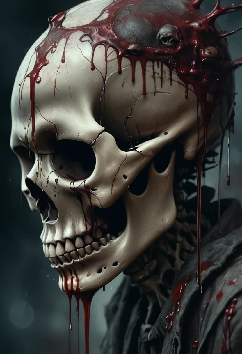 A detailed close up dark artsy skull with ((decaying fading effect)) dull color , ((blood dripping)) with tormented in agony expression. Using expressionism art with ((high resolution , clear clarification with detailed refine image))