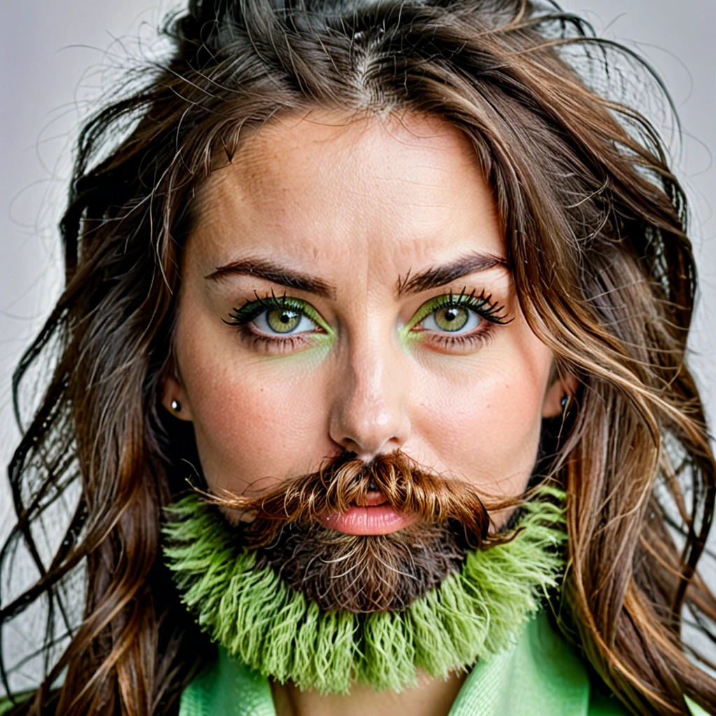 ultra sharp portrait, woman with huge shaggy beard on cheeks under eyes, tied up brown hair, light green eyes, big nose, half profile