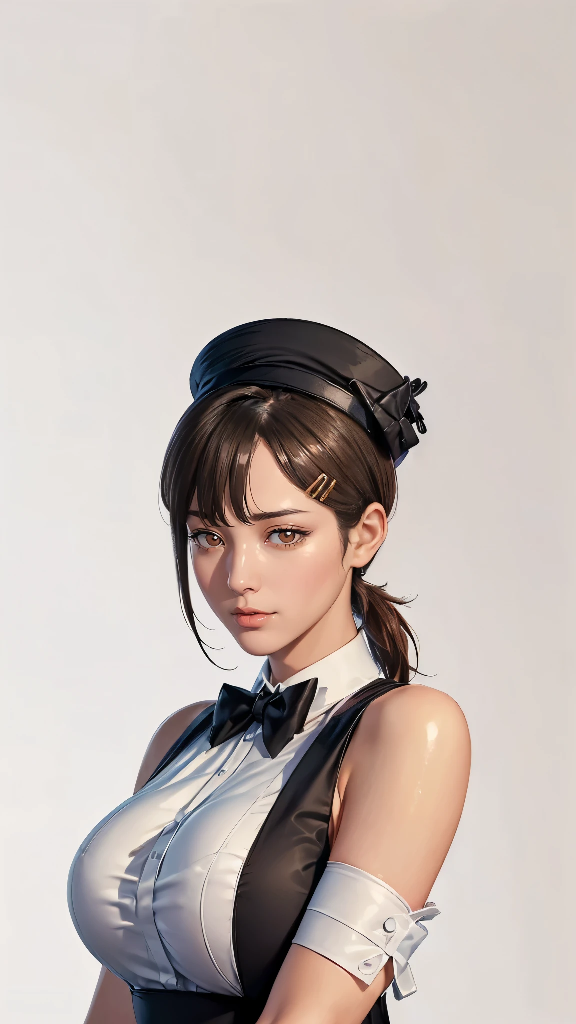 (((Perfect body,White and tender skin,(((Black strap dress, black long bow tie, white lining, black hat))),(((kobeni higashiyama, black hair, hair ornament, hairclip, ponytail, short hair, (brown eyes:1.5),))),((masterpiece)),highres,((Best quality at best)),masterpiece,quality,Best quality,((( Exquisite facial features,Looking at the audience,There is light in the eyes,(((pain,endure))),))),(((Light and shadow,Huge breasts,))),(((Looking at the camera,White background))))