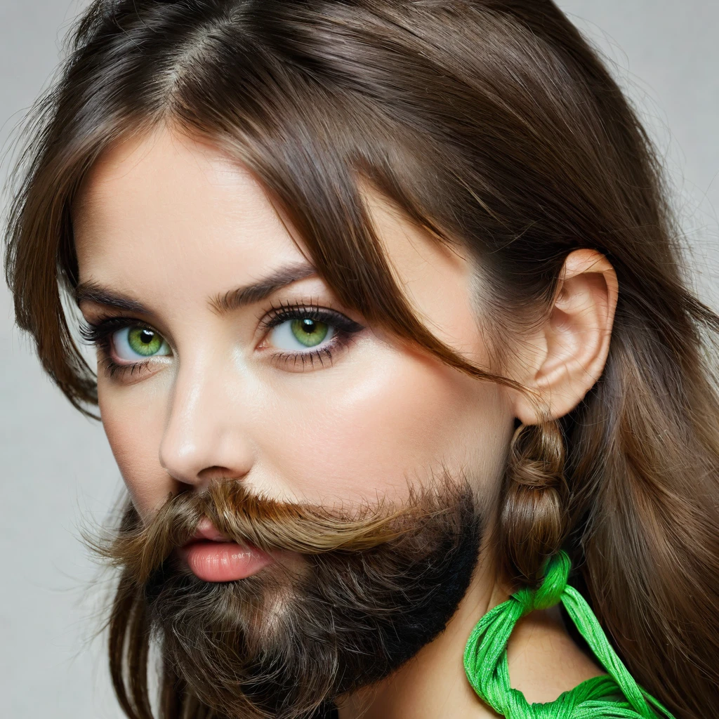 ultra sharp portrait, woman with huge shaggy beard on cheeks under eyes, tied up brown hair, light green eyes, big nose, half profile