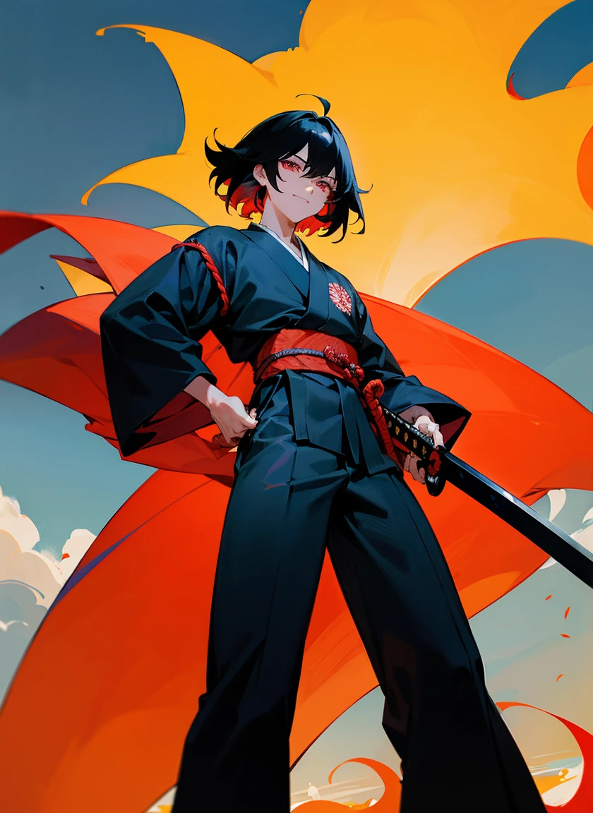 1male , pelo medio largo , pelo lanudo , pelo negro , crimson eyes , Yukata roja y blanca, samurai clothing , Katana on hip , Katana hilt on the hip , Caminando por un pueblo, happy expression, macho adulto , Sunny day background , fondo del pueblo, young male