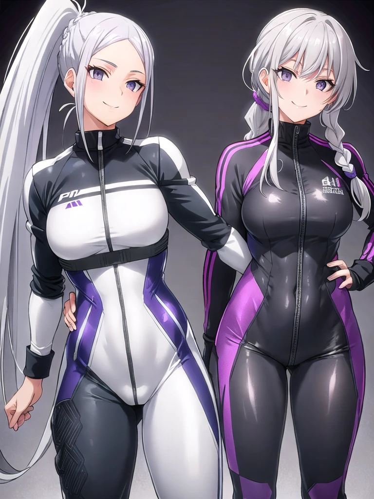 smoky white hair, platinum-gray eyes with a purple undertone, her hair is braided in a slightly loose ponytail, an unusual tight-fitting suit, flirtatious smile, accessories, bike suit, sport suit, military uniform
