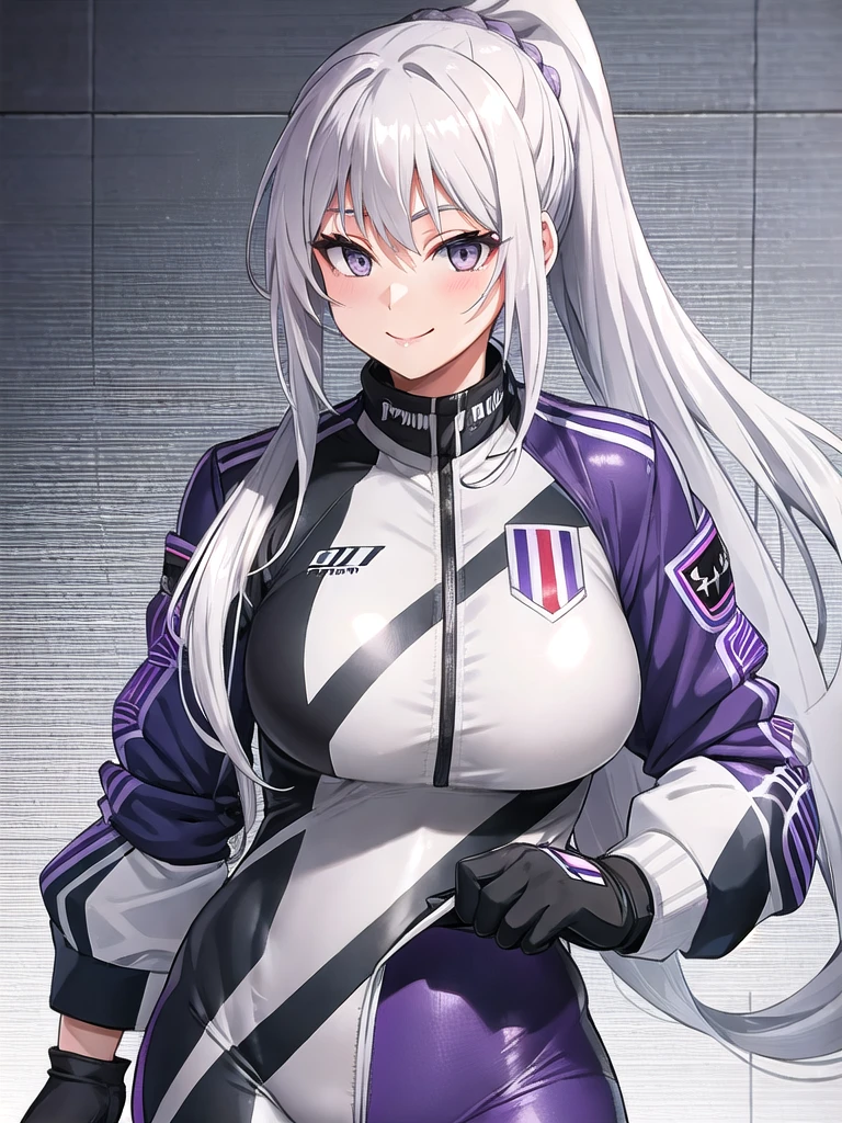 smoky white hair, platinum-gray eyes with a purple undertone, her hair is braided in a slightly loose ponytail, an unusual tight-fitting suit, flirtatious smile, accessories, bike suit, sport suit, military uniform