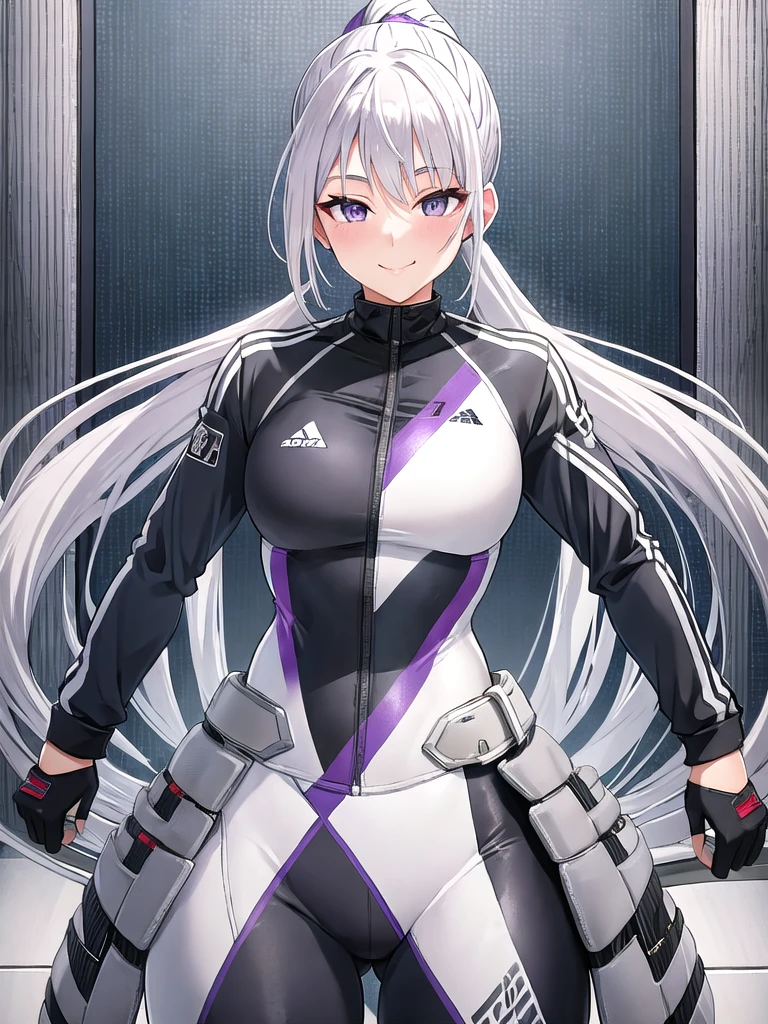 smoky white hair, platinum-gray eyes with a purple undertone, her hair is braided in a slightly loose ponytail, an unusual tight-fitting suit, flirtatious smile, accessories, bike suit, sport suit, military uniform