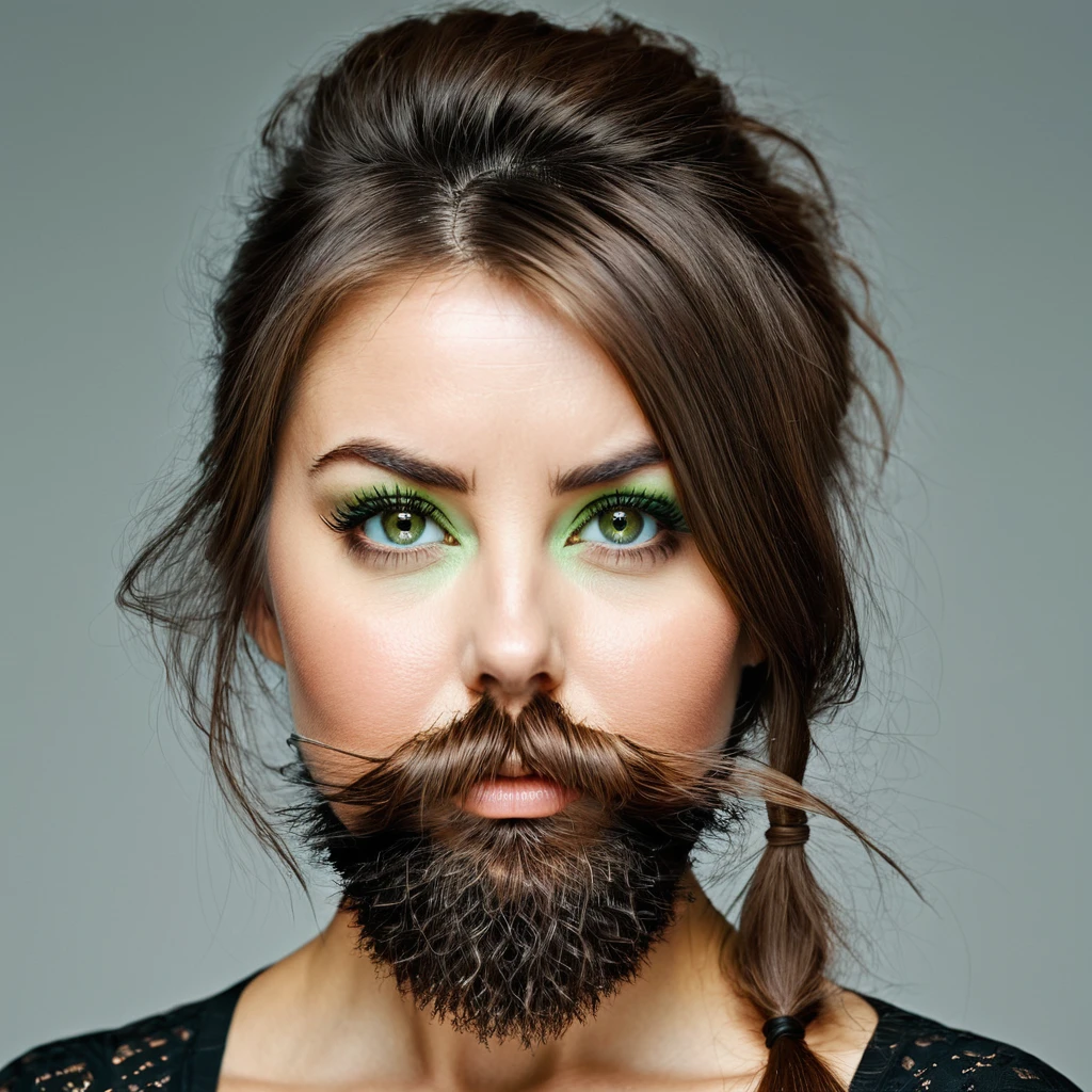 
ultra sharp portrait, woman with huge shaggy beard on cheeks under eyes, tied up brown hair, light green eyes, big nose, half profile