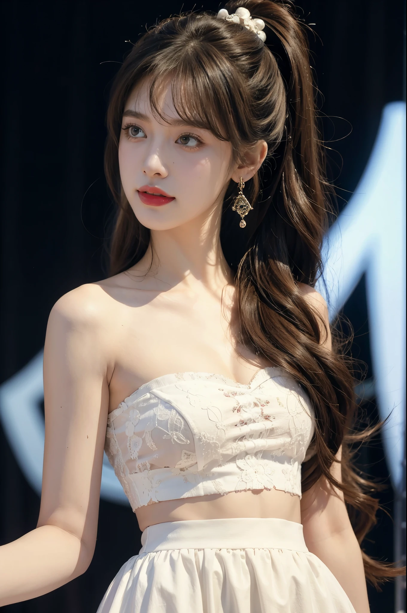 1girl,bangs,bare arms,collar,strapless white lace bellyband,cleavage,detailed background,detailed eyes,brown hair,earrings,upper body,jewelry,slim,flat chest,ponytail,looking at viewer,makeup,night scene,red lips,signature,laughing,solo,On the T-stage,fashion show,Surrounded by crowded crowds on both sides of the stage,neon lights