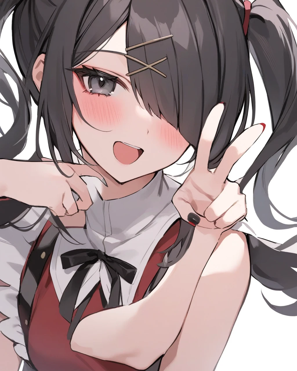 masterpiece,best quality,ame-chan \(needy girl overdose\),1girl,solo,black hair,twintails,v,hair over one eye,black ribbon,white background,open mouth,simple background,,x hair ornament,black nails,neck ribbon,looking at viewer,blush,nail polish,grey eyes,bangs,:d,hairclip,red sh,