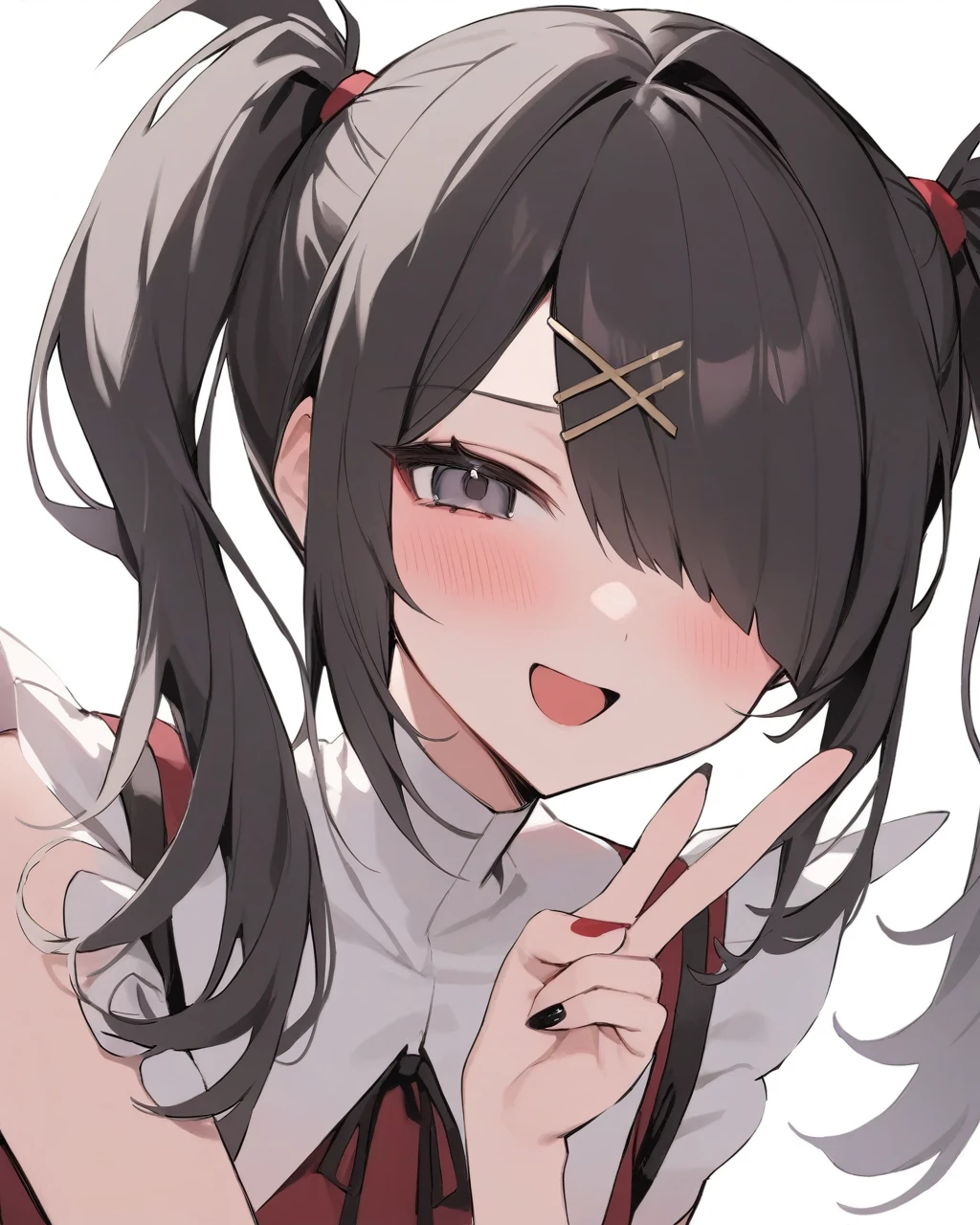 masterpiece,best quality,ame-chan \(needy girl overdose\),1girl,solo,black hair,twintails,v,hair over one eye,black ribbon,white background,open mouth,simple background,,x hair ornament,black nails,neck ribbon,looking at viewer,blush,nail polish,grey eyes,bangs,:d,hairclip,red sh,