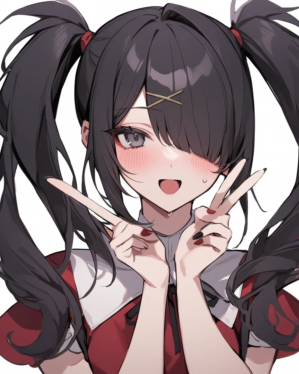 masterpiece,best quality,ame-chan \(needy girl overdose\),1girl,solo,black hair,twintails,v,hair over one eye,black ribbon,white background,open mouth,simple background,,x hair ornament,black nails,neck ribbon,looking at viewer,blush,nail polish,grey eyes,bangs,:d,hairclip,red sh,