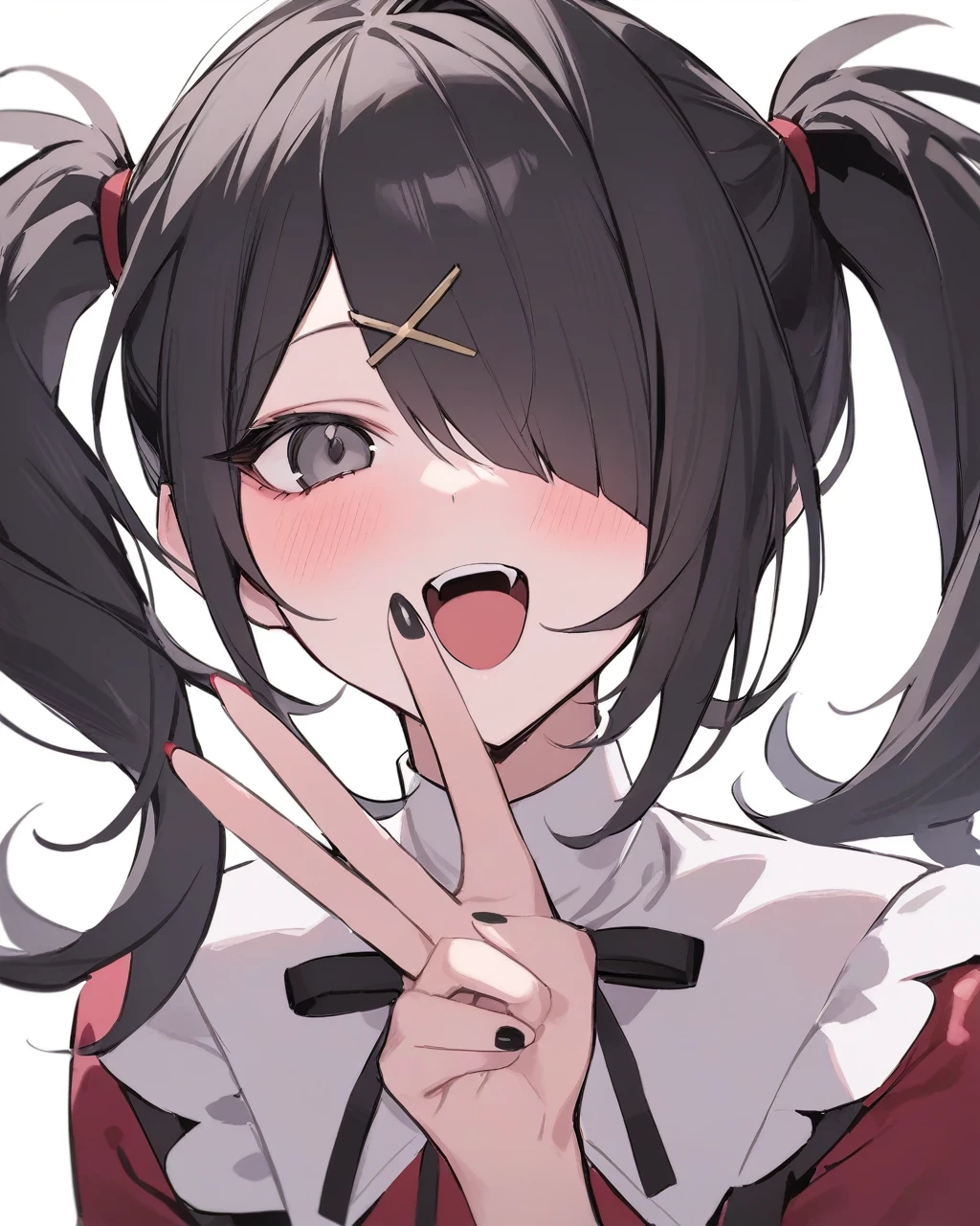 masterpiece,best quality,ame-chan \(needy girl overdose\),1girl,solo,black hair,twintails,v,hair over one eye,black ribbon,white background,open mouth,simple background,,x hair ornament,black nails,neck ribbon,looking at viewer,blush,nail polish,grey eyes,bangs,:d,hairclip,red sh,