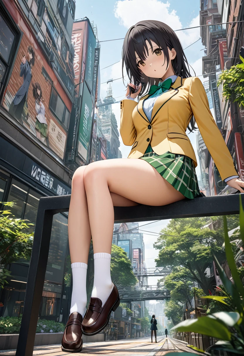 ((Highest quality、unity 8k wallpaper、32K、masterpiece、Very detailed、Ultra-high resolution、Ultra-high resolution、 Very detailedな顔, RAW Photos, Professional)), Kotegawa Yui, yellow blazer, long sleeves, green bowtie, plaid miniskirt, green miniskirt, socks, loafers