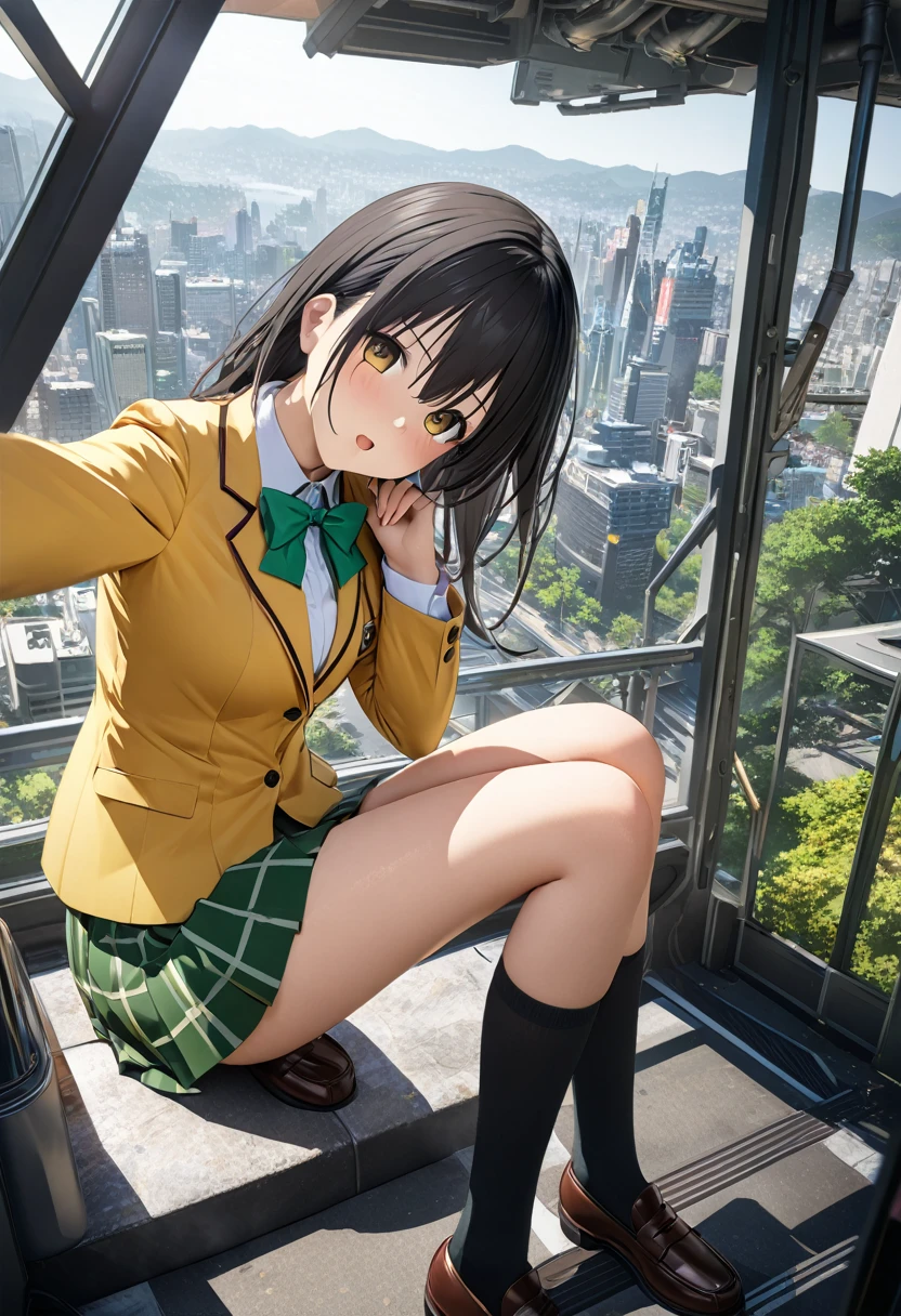 ((Highest quality、unity 8k wallpaper、32K、masterpiece、Very detailed、Ultra-high resolution、Ultra-high resolution、 Very detailedな顔, RAW Photos, Professional)), Kotegawa Yui, yellow blazer, long sleeves, green bowtie, plaid miniskirt, green miniskirt, socks, loafers