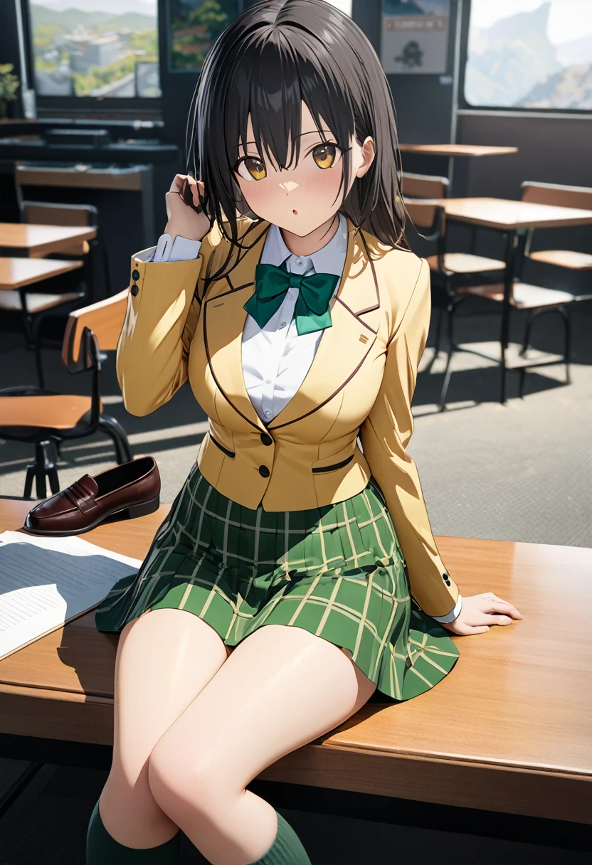 ((Highest quality、unity 8k wallpaper、32K、masterpiece、Very detailed、Ultra-high resolution、Ultra-high resolution、 Very detailedな顔, RAW Photos, Professional)), Kotegawa Yui, yellow blazer, long sleeves, green bowtie, plaid miniskirt, green miniskirt, socks, loafers