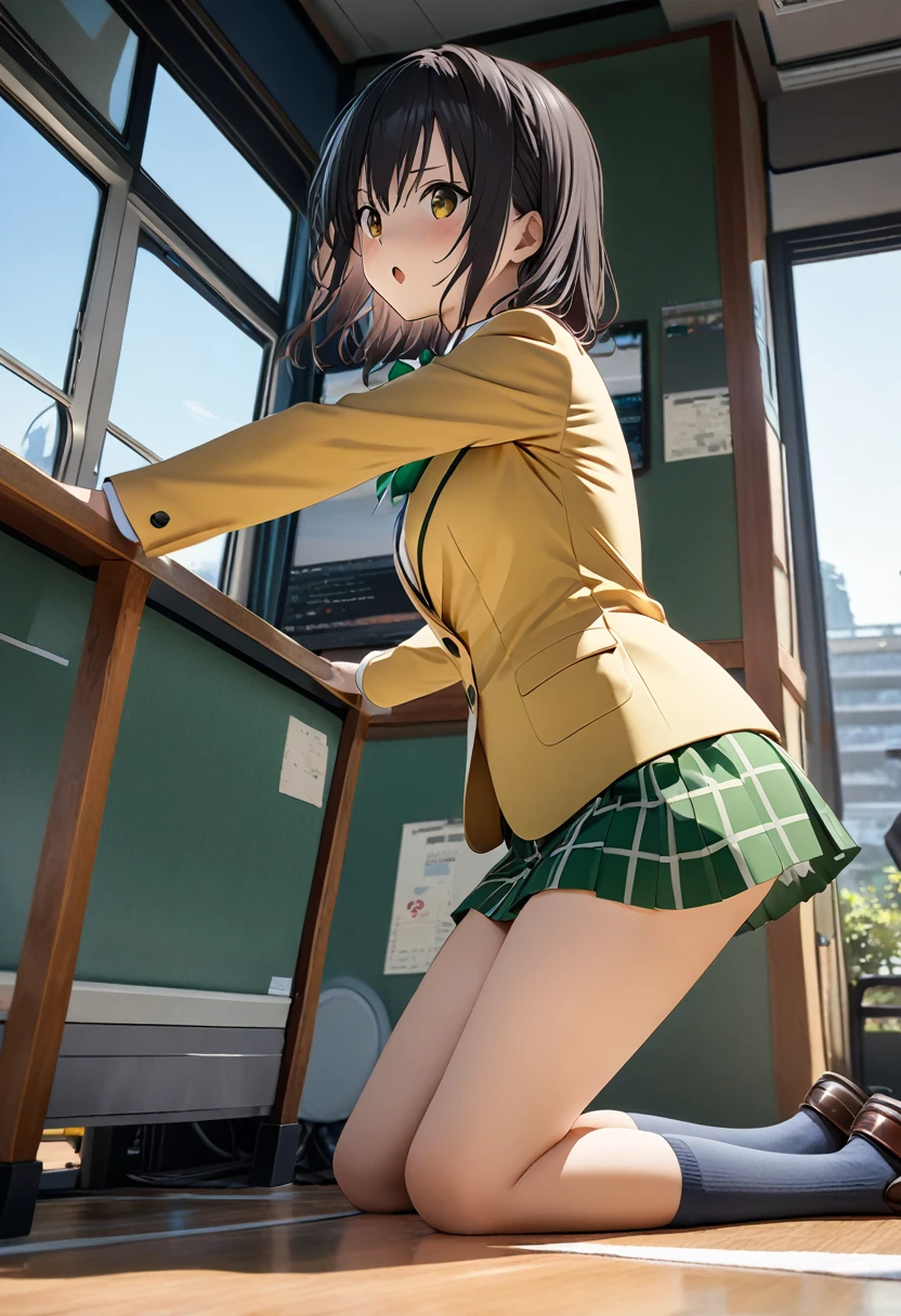 ((Highest quality、unity 8k wallpaper、32K、masterpiece、Very detailed、Ultra-high resolution、Ultra-high resolution、 Very detailedな顔, RAW Photos, Professional)), Kotegawa Yui, yellow blazer, long sleeves, green bowtie, plaid miniskirt, green miniskirt, socks, loafers