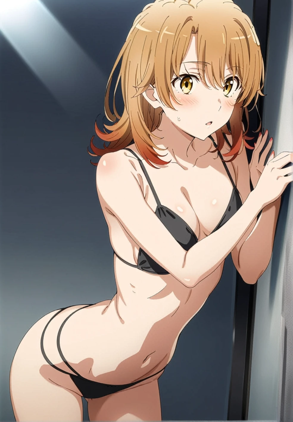 1girl, (isshiki iroha, yahari ore no seishun lovecome wa machigatteiru:1.5), brown hair, brown eyes, black bikini, thigh, perfect face, perfect anatomy, light rays, extremely delicate body, smooth skin, feminine expression, (cristal clear eyes, beautiful face), (anime screenshot),(cinematic light:1.5), (artist m-da s-tarou:0.2), (best quality)