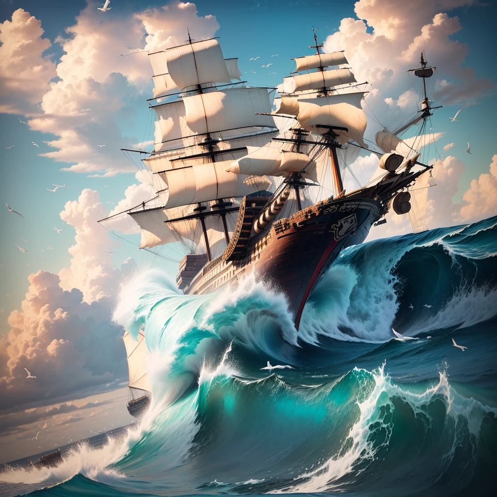 A ship floating on the sea，Barrels and scattered reins were neatly placed on the wooden deck.，In the distance, two ships are floating on the rough sea.，An island in the distance，There is also blue sky, white clouds and seagulls，Natural light，High-definition quality，High-quality posters，