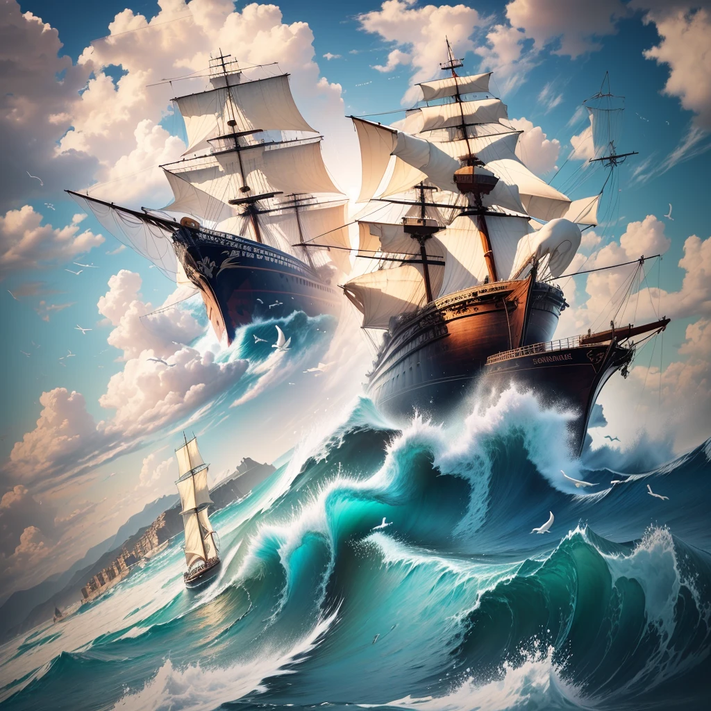 A ship floating on the sea,Barrels and scattered reins were neatly placed on the wooden deck.,In the distance, two ships are floating on the rough sea.,An island in the distance,There is also blue sky, white clouds and seagulls,Natural light,High-definition quality,High-quality posters,