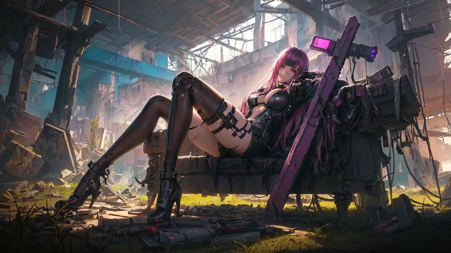 Anime girl sitting on a chair in a ruined building, Cyberpunk Femme Fatale, Cyberpunk Themed Art, Cyberpunk Anime Art, Cyberpunk anime girl, anime Cyberpunk Art, Cyberpunk dark fantasy art, female Cyberpunk anime girl, Cyberpunk Art style, Cyberpunk Girl, Seductive cyberpunk dark fantasy, Cyberpunk Girl, Cyberpunk Art, Cyberpunk 2000. Model Girl,Expression,Sexy thighs