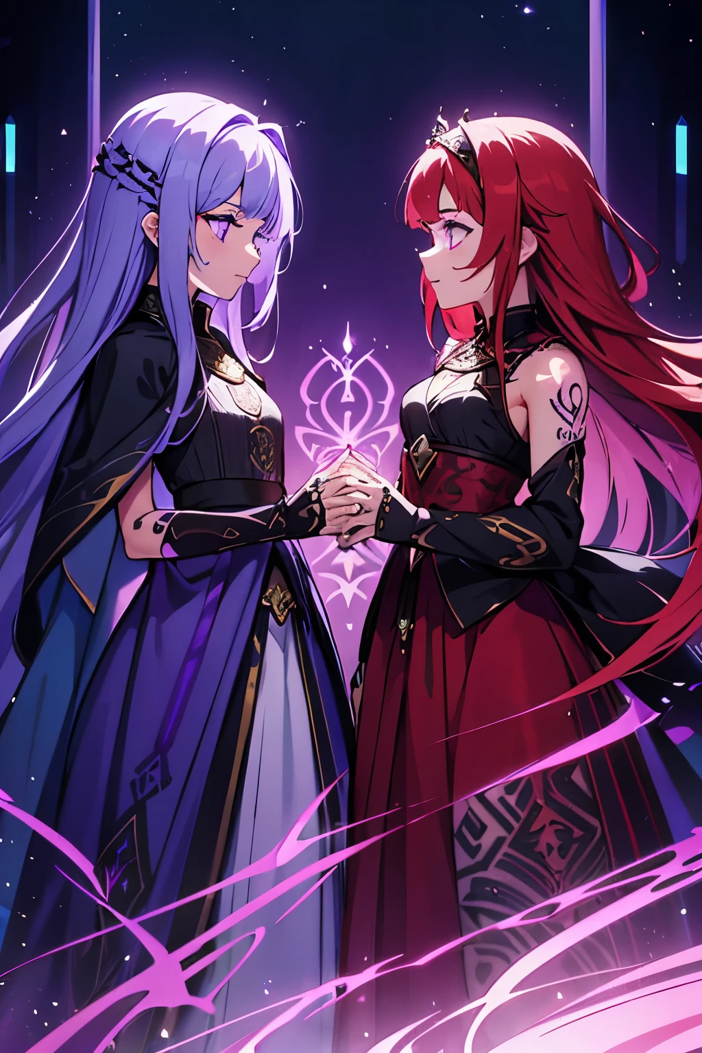 4K high resolution, twin sisters, (((Glowing Tattoos))), one sister with short purple hair and the other sister with long red hair, medieval princess knight dress with pants, circlet