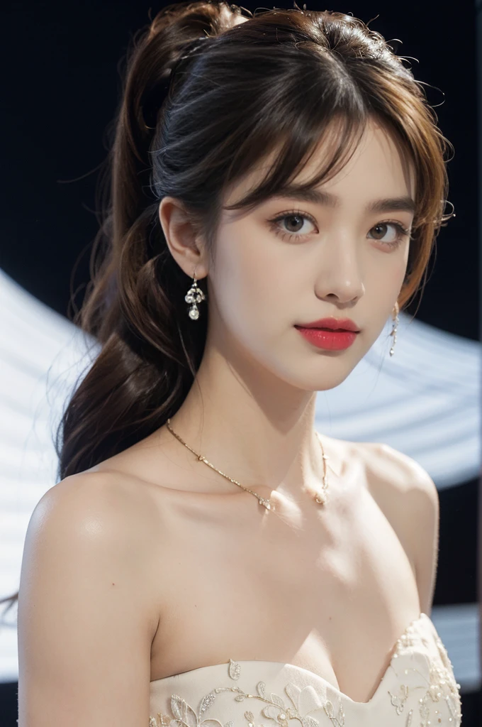 1girl,bangs,bare arms,collar,strapless white lace dudou,cleavage,detailed background,detailed eyes,brown hair,earrings,upper body,jewelry,slim,flat chest,ponytail,looking at viewer,makeup,night scene,red lips,signature,laughing,solo,On the T-stage,fashion show,Surrounded by crowded crowds on both sides of the stage,neon lights