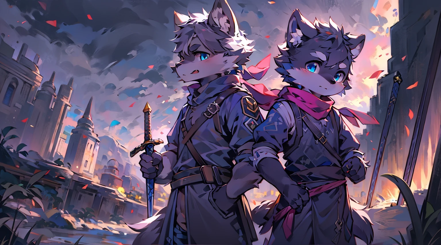 Wolf，juvenile，male，Gray-black fur，Sky blue eyes，Ancient combat uniform，scarf，Holding a long sword，Scabbard back，permanent，The only one,dawn，illumination，Break